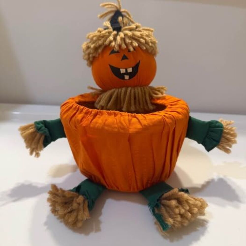 Vintage Pumpkin Scarecrow Wicker Candy Basket Halloween Decor Bowl Y2K Cozy Prim